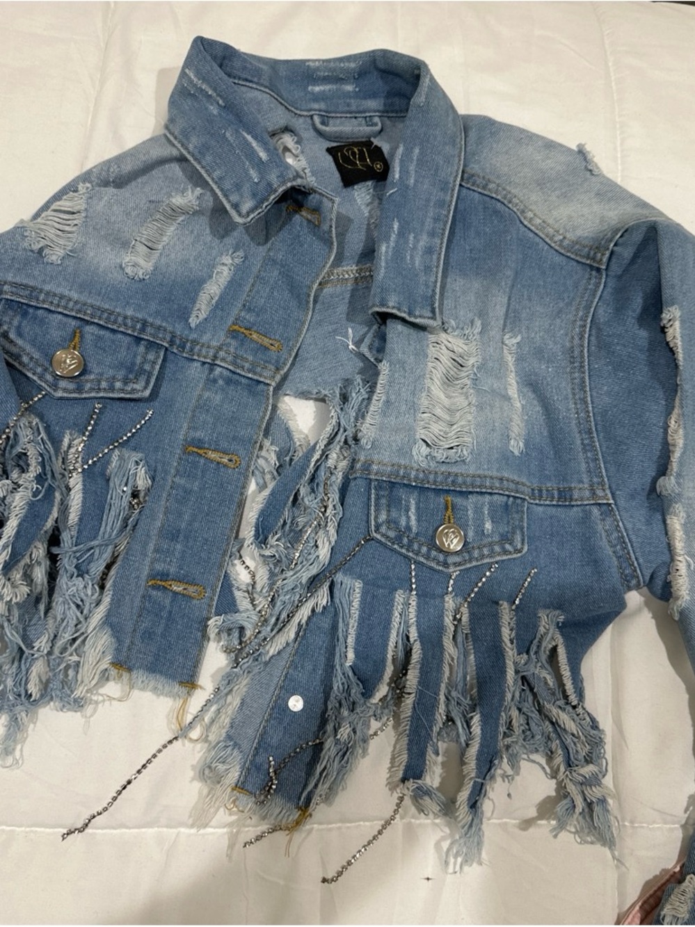 Distressed Light Blue Denim Fringe Jacket
